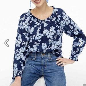 J. Crew Navy Floral Longsleeve Peasant Cotton Blouse